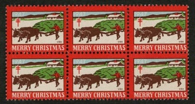 1947 WX135 Getting a Load of Trees Block of 6 US Christmas Seals/Stamps MNH - Image 1 of 4