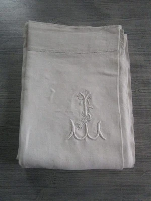 Drap ancien en coton:310x210cm retour broderie de jours/monogrammé - Photo 1/4