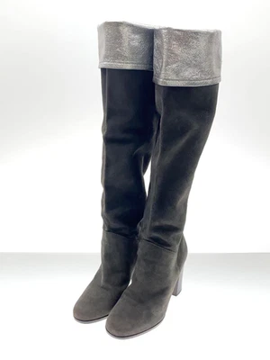 CHANEL Coco Mark Botas Largas Gris Gamuza Plata Rollo Gruesas Zapatos para Mujer EE. UU. 5 Foto 1 de 4