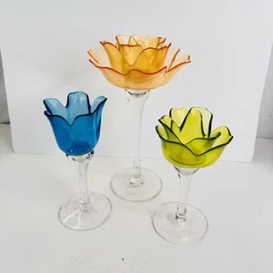 Blumen Blütenblatt Glas Tulpe Pfingstrose Votivkerzenhalter 3er Set orange blau grün - Bild 1 von 7