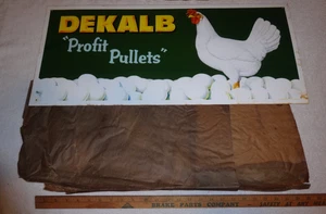 VINTAGE ANTIQUE DEKALB PROFIT PULLET EGG LAYING CHICKEN 28" METAL FEED SEED SIGN - Picture 1 of 21