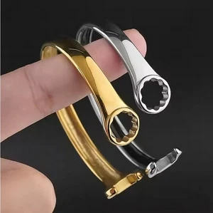 Men Mirror Polished Wrench Shaped Bracelet Stainless Steel Cuff Biker Bangles - Picture 1 of 7