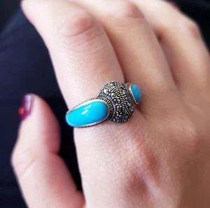 Vintage 925 Sterling Silver Turquoise Marcasite Ring Size 9.5 Womens Art Deco - Picture 1 of 9