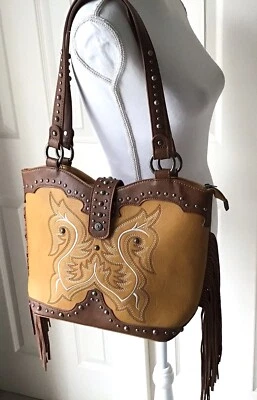 Montana Western Embroidered Fringe Tote Purse Mustard Yellow Country Ranch NEW - Image 1 of 4