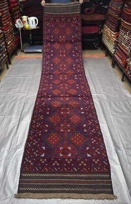 Red Blue Antique Afghan Mushvani Runner Rug 2x12 Handmade Oriental Wool Carpet - Image 1 of 4