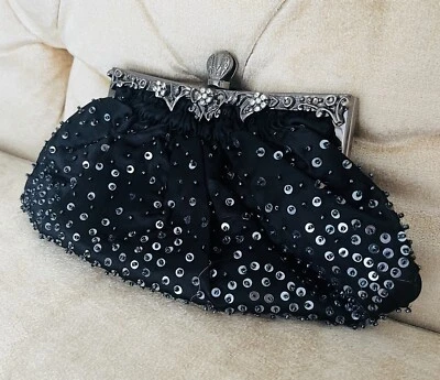 Kate Landry Black Beaded Sequins Black Satin Evening Clutch Purse Bag NWOT - Image 1 of 4