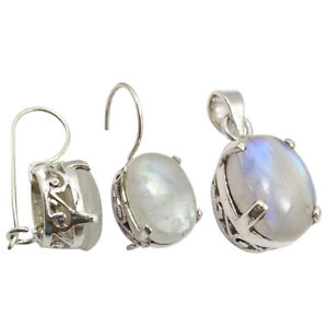 BLUE MOONSTONE Earrings Pendant Set 925 Pure Silver Rare Collection Jewelry