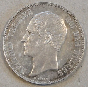 Belgium 1850 Five Francs Dot above Date KM-17 AU-UNC Silver Crown - Picture 1 of 2