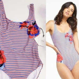 Floral Red Swimsuit Medium One Piece Striped Boho Aloha ONIA NWT $190 - Picture 1 of 10