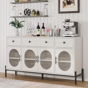 62'' Buffet Cabinet Home Storage Cabinet with 3 Drawers and 4 Fluted Glass Doors - Picture 1 of 8