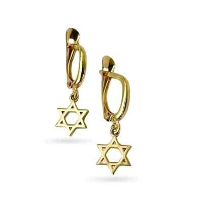 Brincos pendurados Star of David em ouro 14K joias protetoras judaicas estômago - Imagem 1 de 4