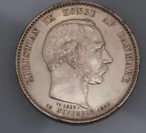 1888 DENMARK King Christian IX 25th Anniversary Silver 2 Kroner Coin - Picture 1 of 6