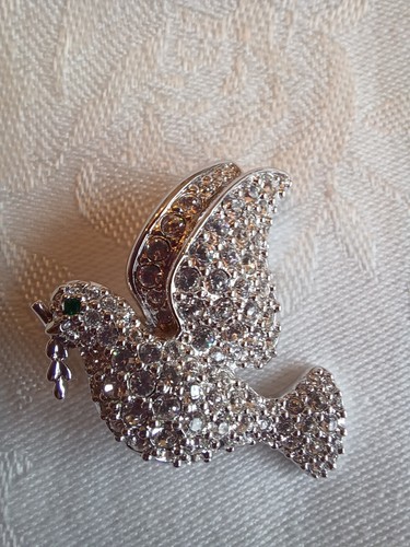 Spilla Spilla Vintage Autentica Cristallo Swarovski Colomba Volante con Ramo di Ulivo...