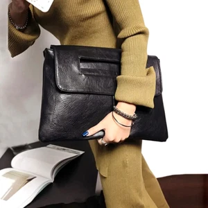 Womens Black Leather Messenger Bag Large Clutch Purse Envelope Handbag Briefcase - Picture 1 of 4