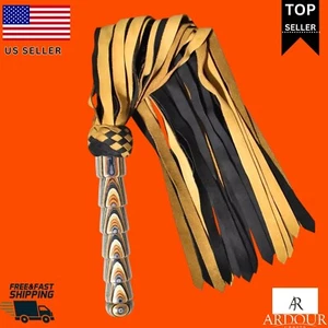 Sued Leather Ultra Soft Flogger 25 Tails Tassels Carved Handle whip paddle slap - Picture 1 of 4