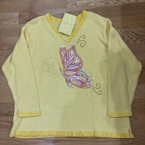 VTG. QUACKER FACTORY KNITS YELLOW  V-NECK SEQUIN BUTTERFLY SWEATER 2X NWT - Picture 1 of 12