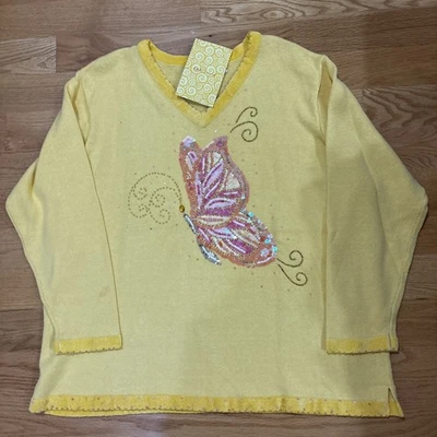 VTG. QUACKER FACTORY KNITS YELLOW  V-NECK SEQUIN BUTTERFLY SWEATER 2X NWT - Image 1 of 4