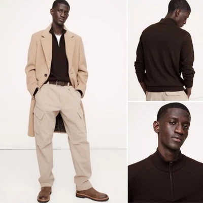 NWT Banana Republic Merino Wool Half Zip Sweater LARGE TALL Brown Stand Collar - Image 1 of 4