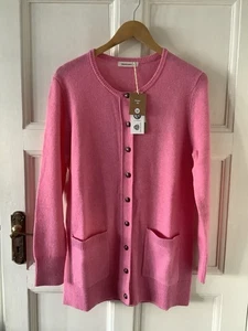 NEU MIT ETIKETT WOOLOVERS DAMEN ROSA MELIERT LAMMWOLLE RUNDHALSAUSSCHNITT LANGE CARDIGAN M £62 - Bild 1 von 9