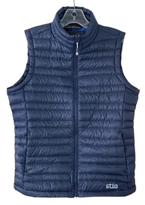 STIO Pinion Daunen gefütterte Weste mit Logo Damen Small marineblau durchgehender Reißverschluss neu ohne Etikett!  190 $ - Bild 1 von 16