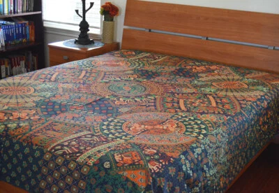 Cotton Blue Red Green Color Block Printed Floral Camel Flat Bed Sheet from India - Image 1 of 4