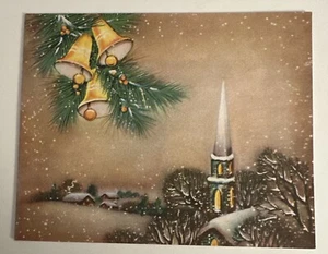 Tarjeta de felicitación de Navidad de colección - Iglesia al atardecer con árboles paisaje de nieve - Imagen 1 de 3