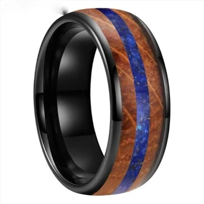 8 毫米蓝色拉皮斯威士忌橡木镶嵌圆顶波兰男式女式硬质合金戒指 — 第 1/4 张图片