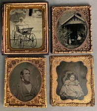 FOUR 1/6 PLATE TINTYPES, ALL WITH MATS + PRESERVERS, 2 OUTDOOR, ONE w/ HALF CASE