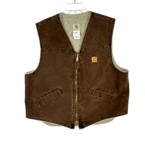 Vintage Carhartt Mens Vest XL Brown Duck Canvas Sherpa Lined Pockets Zip V13 CHT - Picture 1 of 8