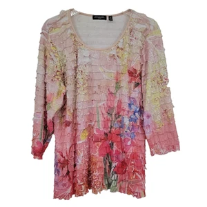 Notations Womens Ruffled Floral Top Size 2X Coral Pink Green Yellow 3/4 Sleeve - Picture 1 of 9