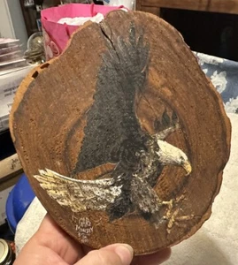 Placa de águila de madera borde vivo pintada a mano firmada por artista - Imagen 1 de 2