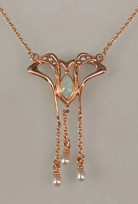 9906043 925er Argento Placcato IN Oro Rosso Collana Stile Art Nouveau Con Opal E - Immagine 1 di 3