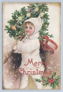 Frohe Weihnachten kleines Mädchen trägt Weihnachtsbaum Postkarte - Bild 1 von 2