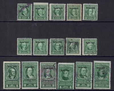 US Scott RD186/RD202, mix of 15, 1c/$20 “Series 1945” Stock Transfer Grns cj101 - Image 1 of 2
