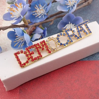 VTG Prong Set Rhinestone Democrat Political Red White Blue Gold Tone Pin Brooch - Image 1 of 4