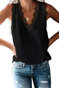 Women Lace Trim Tank Tops Summer V Neck Fashion Sleeveless Blouse Business Ca... - Picture 1 of 6