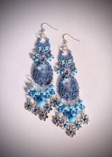 Shabby Chic Blue Floral Artisan Chandelier Earrings 