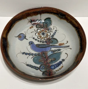 Ken Edwards Mexican Tonala Serving Bowl Signed Blue Bird Floral Brown Glazed 10" - Picture 1 of 17