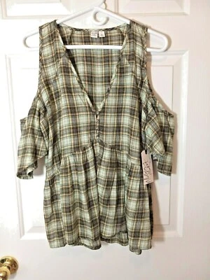 ¡Nuevo! Top Boho Botón Algodón Cuadros Hombro Frío Mujer MELROSE AND MARKER L Foto 1 de 4