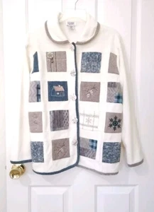 VINTAGE Womens Teddi Fleece Button Jacket Small Ivory Green Patchwork Embroidery - Picture 1 of 14