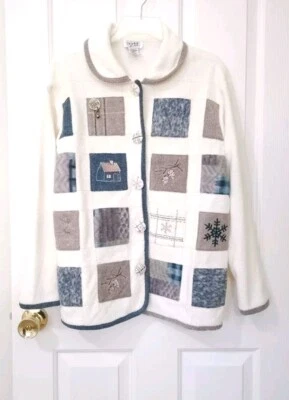 VINTAGE Womens Teddi Fleece Button Jacket Small Ivory Green Patchwork Embroidery - Image 1 of 4