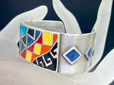 PEWTER ENAMEL HAND CRAFTED ARTISAN SOUTH WESTERN CUFF BRACELET  - Image 1 of 4