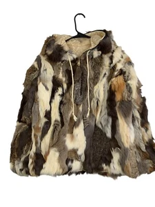 VTG Patchwork Rabbit Fur Hood Womens Jacket Zip Closure Small Quilted lining - Picture 1 of 6