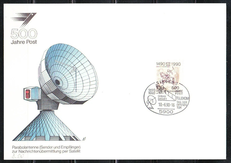 Germany 1990 Sonderblatt card 500th ann.Jahre Post offices Siegen Satellite - Image 1 of 1