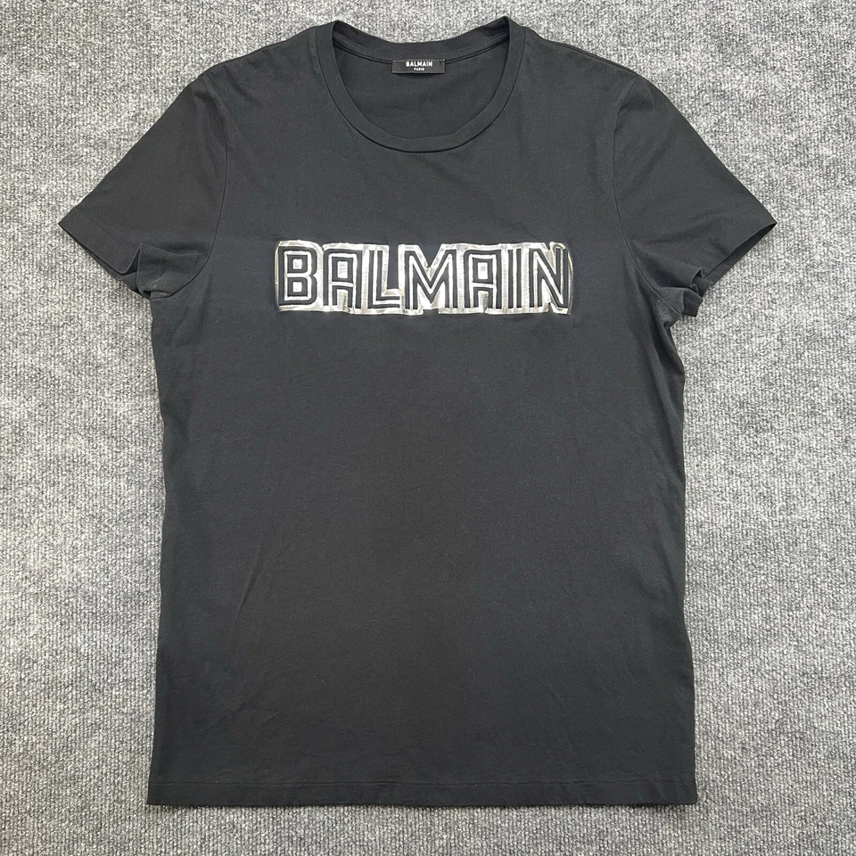 Balmain T-shirt Men's Medium Silver Reflective Logo Black - Image 1 of 4