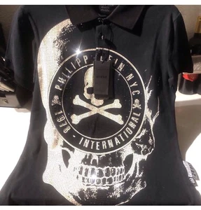 NWT $785 Philipp Plein SS Crystal Embellished Skull & Bones Polo Shirt - Sz Med - Picture 1 of 12