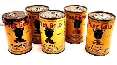 Lot of 5 VTG PURE GOLD  Paper Label Metal Spice Tins Toronto WInnipeg - Image 1 of 4