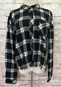 Camisa de franela negra dobladillo e hilo para mujer talla L botón frontal dobladillo deshilachado grunge - Imagen 1 de 4