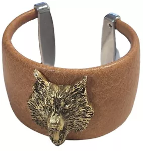 Goldtone Wolf Head Leather Look Cuff Bracelet 1 5/8" Wide 7" Circ. - Picture 1 of 3