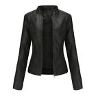 Women Stand-Up Collar Slim Fit Leather Jacket Spring Autumn Motorcycle Coat Size
